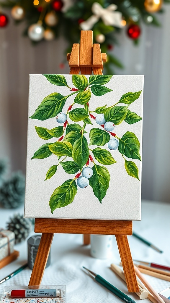 A mistletoe painting on canvas with green leaves and white berries, set against a winter-themed background.